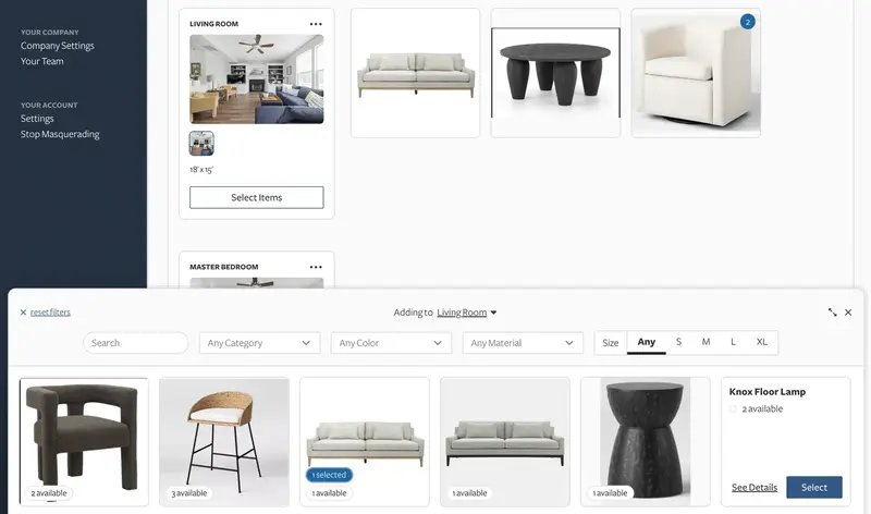 The Hutch inventory selection interface shows rooms (with photos) and everything you've selected so far, plus a simple and elegant drawer for selecting new items. You'll only ever see items that are actually available - including items currently staged but available in time for this project!