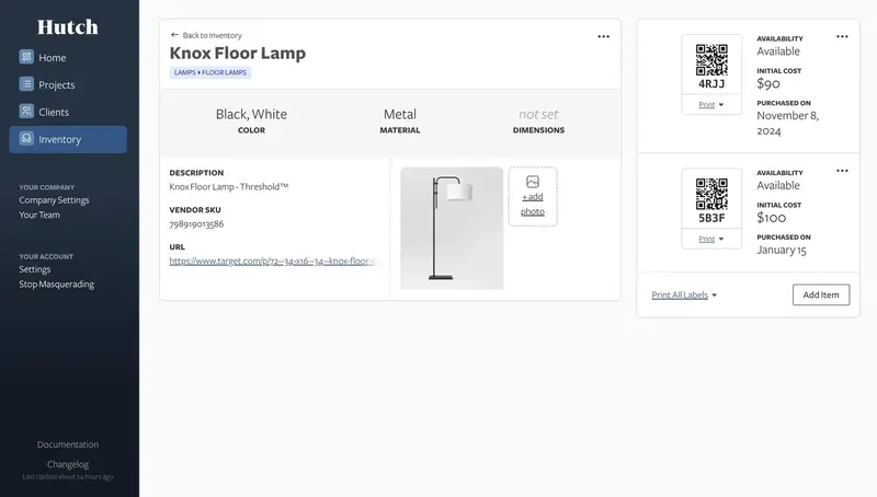 The Hutch inventory section shows all your inventory in one view, with a search bar, filters, and a list of items.