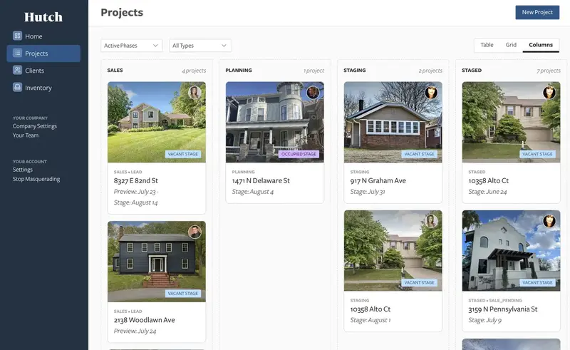 The Hutch project list view shows all your projects in one view, here in the column view. Each column lists projects in a different phase: Sales, Planning, Staging, Staged, Destaging, and Complete.